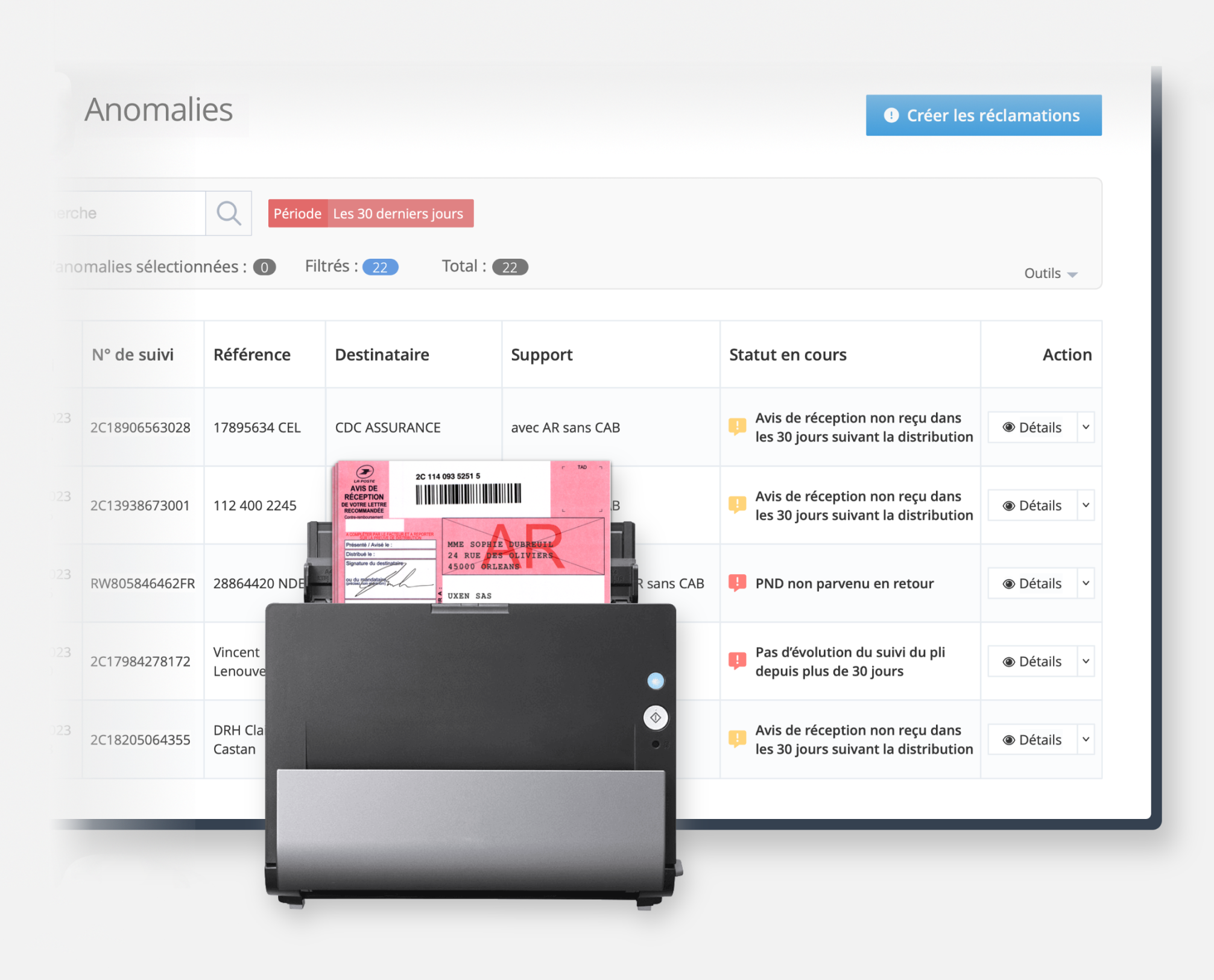 easyReco, logiciel de traçabilité courrier : Gérez vos retours et réclamations de courriers grâce à nos scanners connectés easyReco qui enregistre et associe automatiquement les retours aux plis