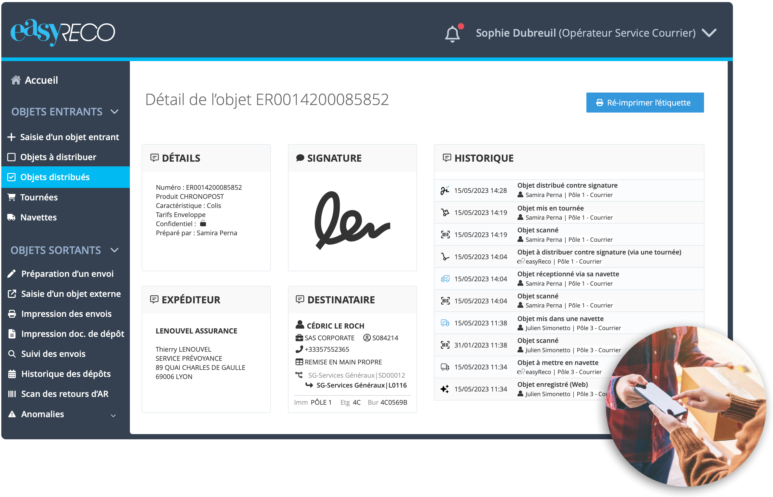easyReco, logiciel de traçabilité courrier : Acheminez et suivez de bout en bout tous les objets circulant dans votre entreprise, avec une traçabilité sur tous les courriers et colis entrants et sortants