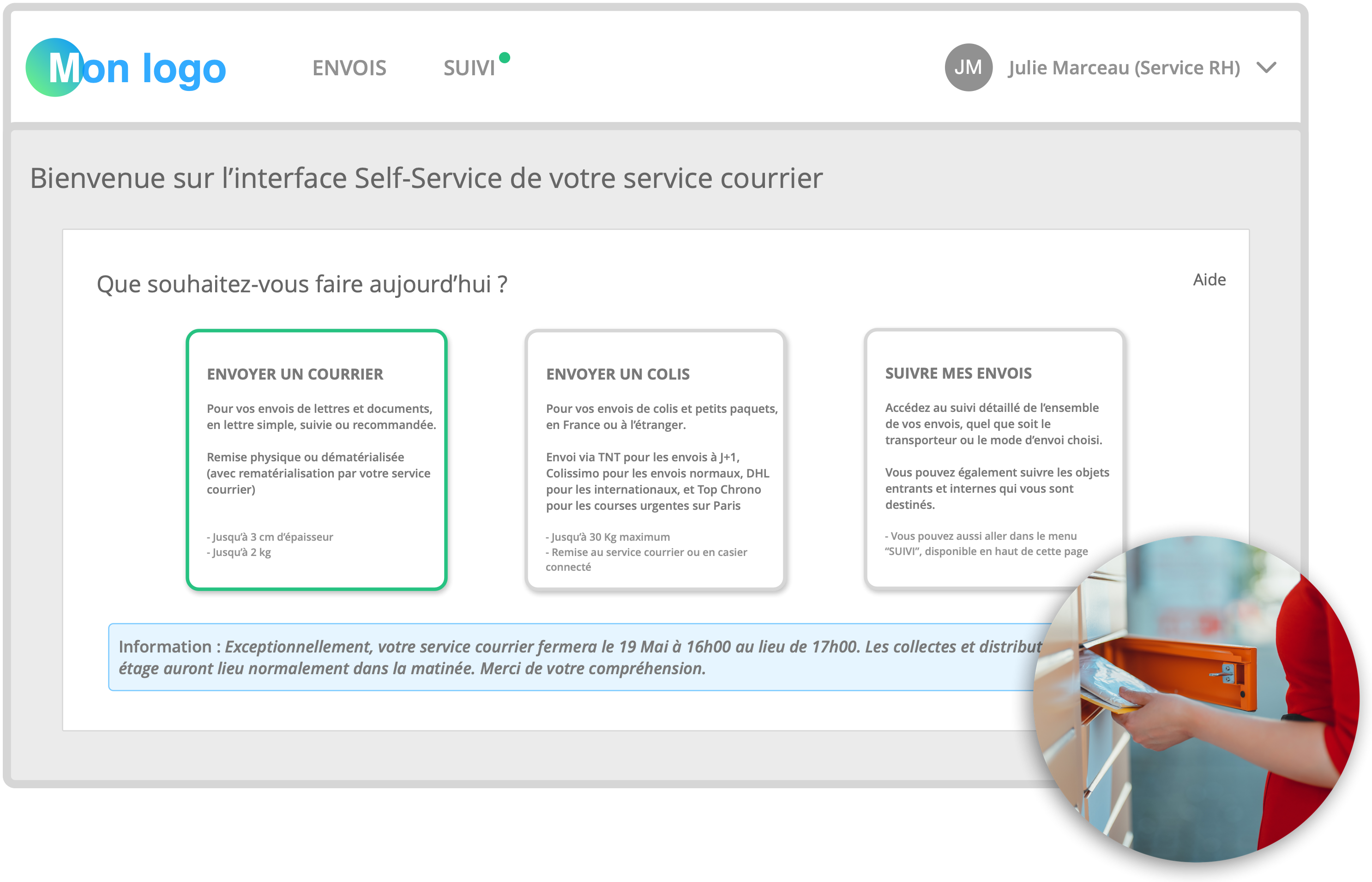 easyReco, logiciel de traçabilité courrier : Simplifiez vos échanges avec une interface simplifiée et personnalisée pour vos collaborateurs qui souhaitent envoyer et suivre leurs courriers grâce au Self-Service
